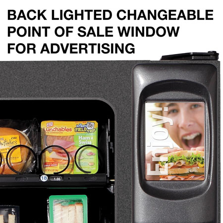 Advertise with a Selectivend vending machine with a changeable backlighted point of sale window.