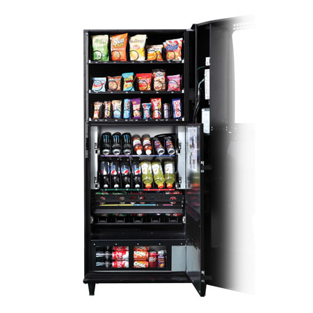 Open 29 Selection Combo vending machine to view fully stocked snacks and beverages.