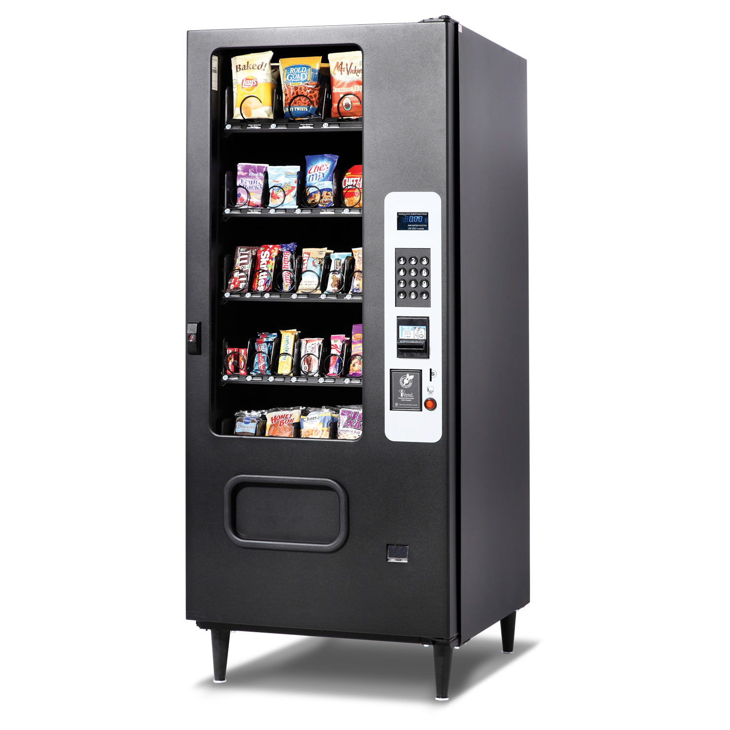 An angled profile of the SEL23 Selection Snack Vending Machine from Selectivend with customers' favorite snacks.