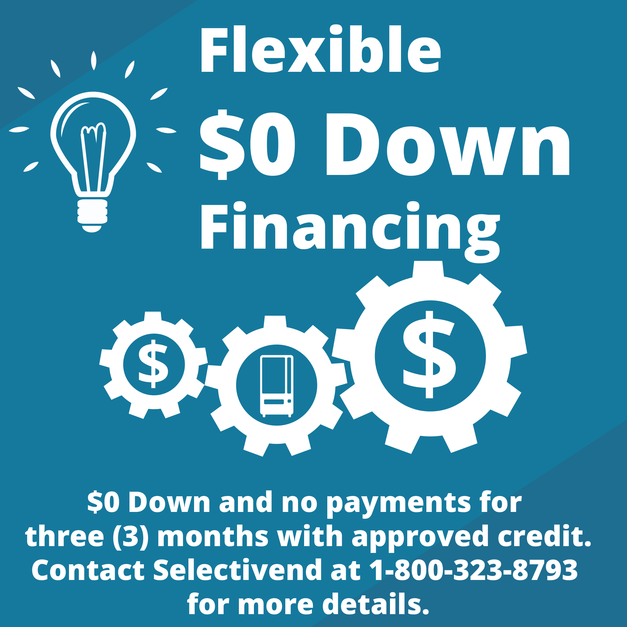 Selectivend offers customers flexible $0 down financing options to grow their vending business.