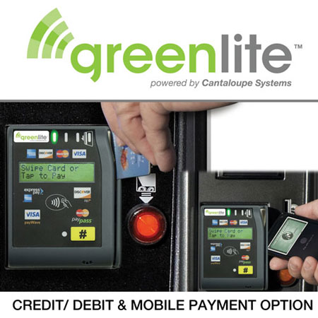 Allow customers to purchase products from your machine with credit/debit cards or mobile wallets with Greenlite cashless.