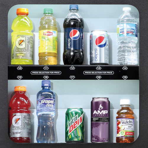 CB500 Gatorade Drink Vending Machine's live beverage display including Pepsi, Gatorade and Water.
