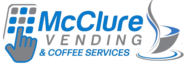 Blue and gray horizontal McClure Vending & Coffee Services logo promoting its customer testimonial